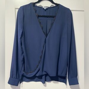 Abbeline Navy Wrap-Style Lace-Trim Blouse